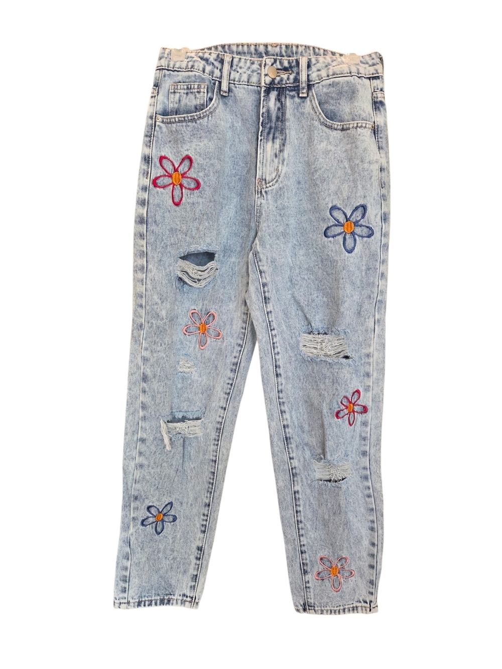 SHEIN Floral Embroidered Distressed Light Wash High Waisted Mom Jeans 27 Size 4